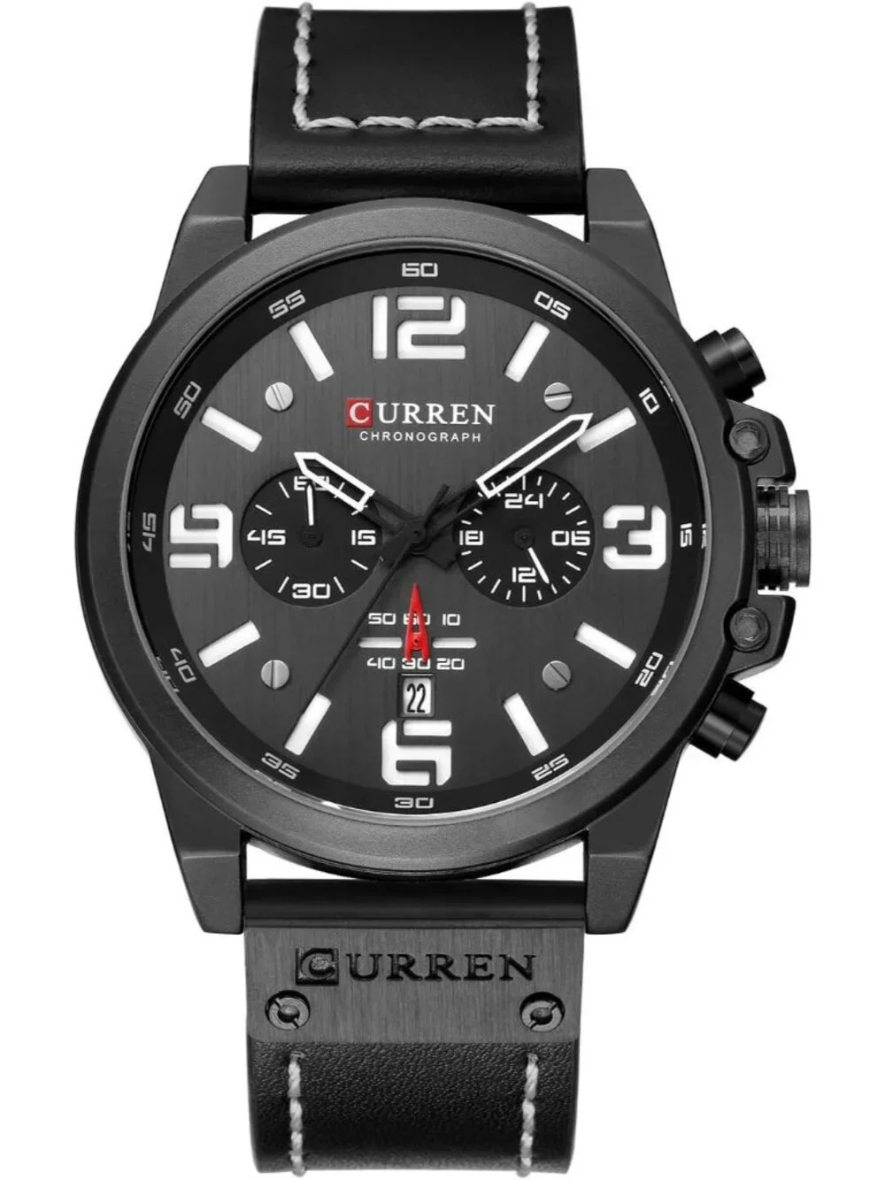 Men's Black Analog Quartz Leather Strap Sandwich Dial Chronograph Wrist Watch
